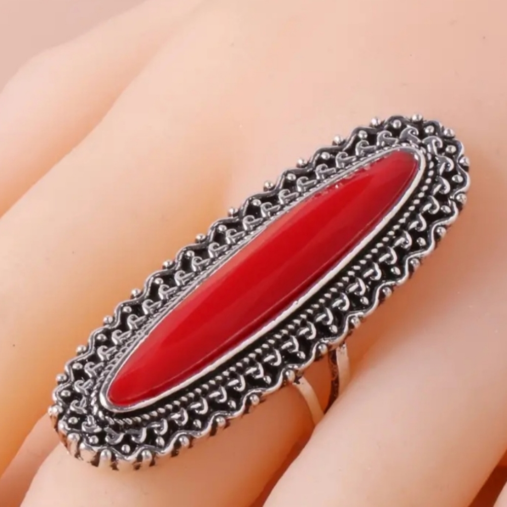 Silvertone Red Inlay Ring - Picture 2 of 4